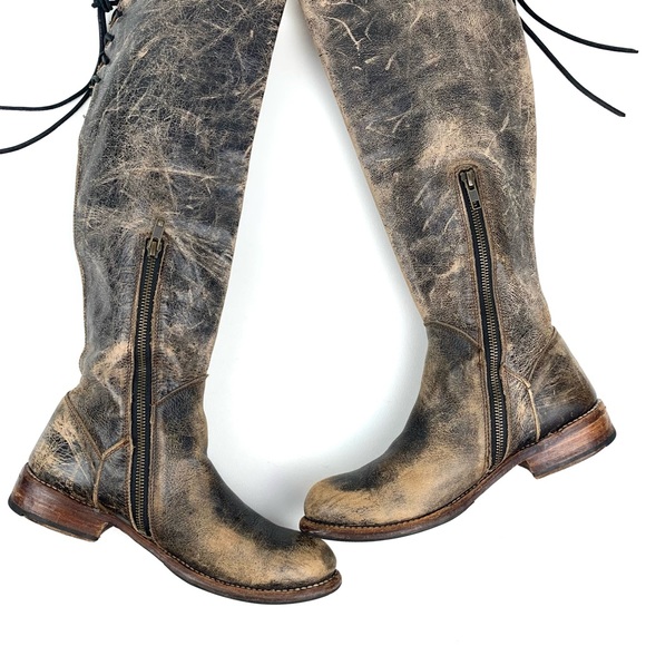 Bedstu Tall Leather Boots Manchester Distressed Brown Lace Back Low Heel Size 9 - Picture 4 of 12